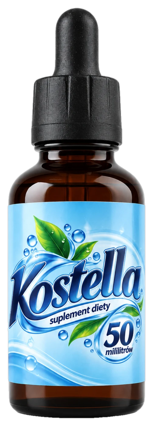 Butelka Kostella 50 ml z ciemnego szkła z pipetą i jasnoniebieską etykietą